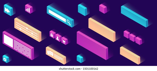 Website constructor isometric icon set vector illustration. 3d pictograms or signs template for creating customize website design, interface isolated on ultraviolet background