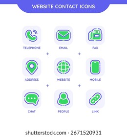 Sitio web Contacto Icon Set con 9 iconos: Teléfono, Email, Fax, Dirección, Sitio web, Móvil, Chat, Personas y Enlace
