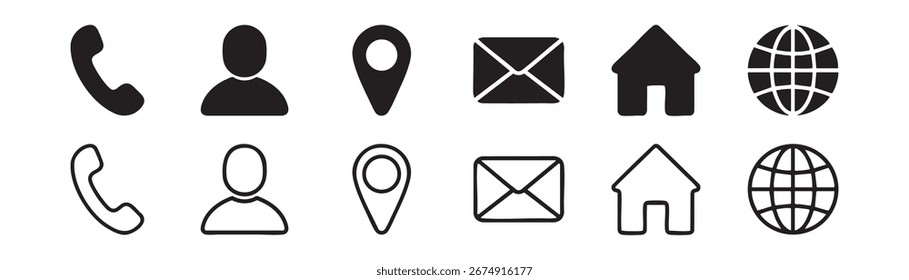 Sitio web Contacto Iconos Pack – Llamar, correo, Dirección, perfil, hogar, móvil – esbozar Elementos de diseño de Vector
