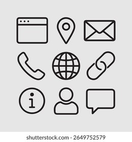 Website Kontakt Icons Set , bearbeitbare Stroke Vector Web Buttons Collection, Web Icon Pack , Linienstil Kontakt Symbole und UI Buttons Vektor-, Kontakt- und Kommunikations-Icons.