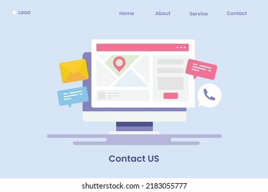 Website contact us page, Contact information, Office location on website page, Email communication, Sending messages - flat design vector illustration with icons