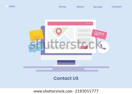 Website contact us page, Contact information, Office location on website page, Email communication, Sending messages - flat design vector illustration with icons