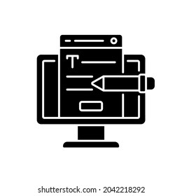 Website content black glyph icon. Online platform. Copywriting services. Search optimization. Writing commercial text for website. Silhouette symbol on white space. Vector isolated illustration
