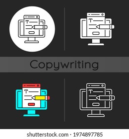 Website content dark theme icon. Copywriting services. Search optimization. Writing commercial text for website. Linear white, simple glyph and RGB color styles. Isolated vector illustrations