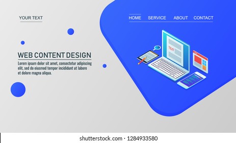 Website Content Development, Website Design, Content Creation Flat 3D Isometric Conceptual Banner