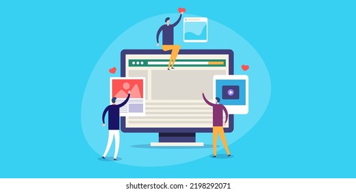 Website content development, Human writing content, People engaged with content marketing - flat design vector illustration