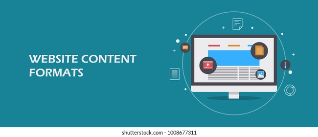 Website content formats, Web contents,  Types of content formats flat vector concept on blue background