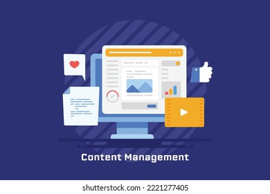 Website content management software, Managing content online, CMS concept - flat design vector illustration background