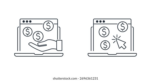 Website and content monetization. Earning money on the Internet.Vector linear icon illustration isolated on white background.