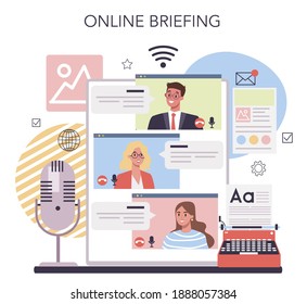 Servicio o plataforma de contenido de sitios web. Idea de estrategia digital y contenido para redes sociales. Reunión informativa en línea. Ilustración vectorial plana aislada
