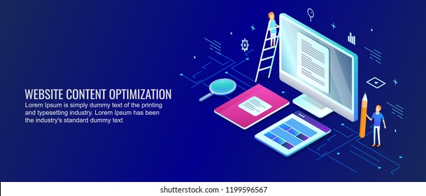 Website Content Optimization, Digital Content Marketing Flat Design 3D Isometric Design With Characters