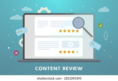 Website Content Review Concept. Feedback, Audience Engagement, Content Reviews And Rating And Communication. Creative Writing For Blog, Copywriting For Web Site Articles With Stars Rating.