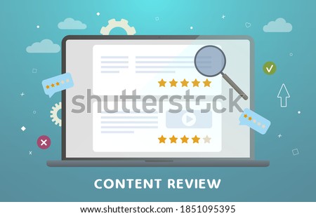 Website Content Review concept. Feedback, audience engagement, content reviews and rating and communication. Creative writing for blog, copywriting for web site articles with stars rating.