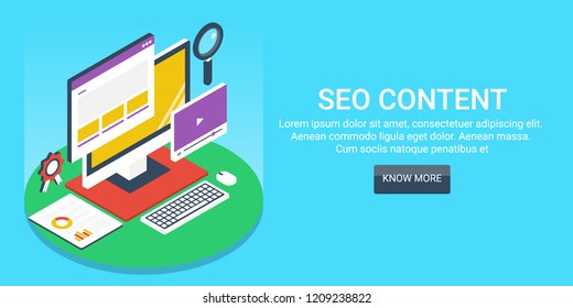 Website Content, Content SEO, Search engine optimization concept flat 3D style isometric banner