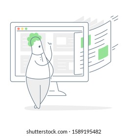 Website content update, fresh news, new blog article. Cartoon character and computer display with loading or refreshing new web page. Clean line vector illustration on white. 