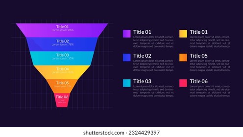 Website conversion infographic funnel chart design template for dark theme. Visitors complete action. Editable infochart with process stages. Visual data presentation. Lato font used