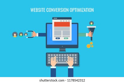 Website conversion optimization - traffic conversion - customer retention flat design vector illustration with icons