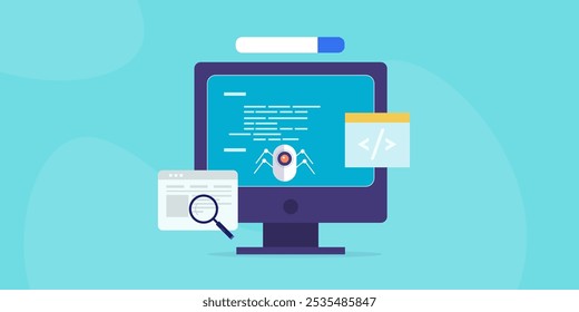 Website crawler, Search engine crawler gathering information from websites, Search engine bot, Search engine Indexing technology - vector illustration with icons