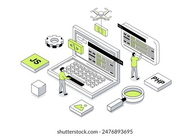 Website creating 3d isometric concept in outline isometry design for web. People creating UI UX interface and homepages at laptop screen, prototyping code and testing scripts. Vector illustration.