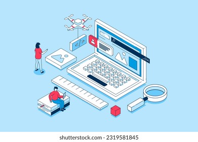 Website creating concept in 3d isometric design. People creating UI UX interface and homepages, work with code, prototyping and testing scripts. Vector illustration with isometry scene for web graphic