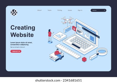 Website creating concept in 3d isometric design for landing page template. People creating UI UX interface, prototyping and testing scripts, optimizing and improving page. Vector illustration for web