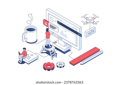 Diseño isométrico 3d de la creación de sitios web. Desarrolladores prototipos y codificación, diseño de páginas e interfaz de usuario de la página principal. Ilustración vectorial con escena de personas isométricas para gráfico web