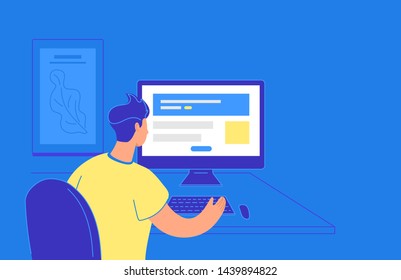 Website creating flat vector illustration of young man sitting with pc and and working with website using web template and online services. People working with computer, creating website or online sho