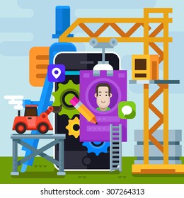 Website creation and design. Development a working application. Vector flat illustration