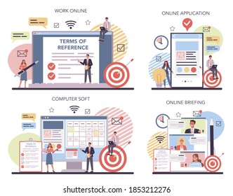 Website creation online service or platform set. Process of website development, constructing interface and creating content. Online work, briefing, software, application. Isolated vector illustration