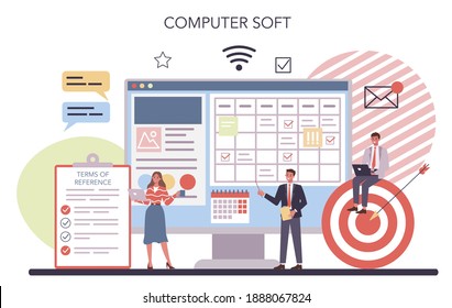Website creation online service or platform. Process of website development, constructing interface and creating content. Online software. Isolated vector illustration