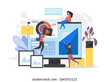 Website creation process composition with micro characters and big computer monitor, vector illustration. Web page design and development concept.