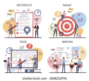 Website creation set. Process of website development, constructing interface and creating content. Term of references, targeting and tasks planning, Isolated flat vector illustration