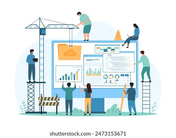 Website creation. Tiny people with construction crane build new portal or homepage, create digital product with help of infographic chart, data folder and coding layouts cartoon vector illustration