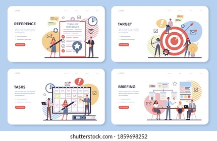 Website creation web banner or landing page set. Process of website development, constructing interface and creating content. Term of references, targeting and tasks planning, Flat vector illustration