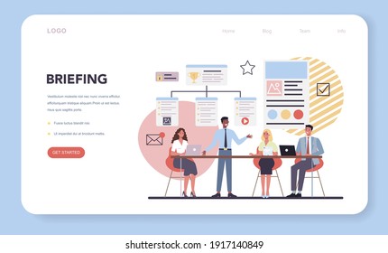 Website creation web banner or landing page. Process of website development, constructing interface and creating content. Term of references, targeting and tasks planning, Flat vector illustration