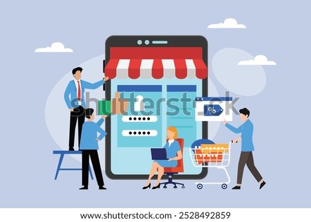 Website creation and web page design concept, Online shopping store concept creation, Website development, Business team working on developing web design for tablet screen 2d flat vector illustration