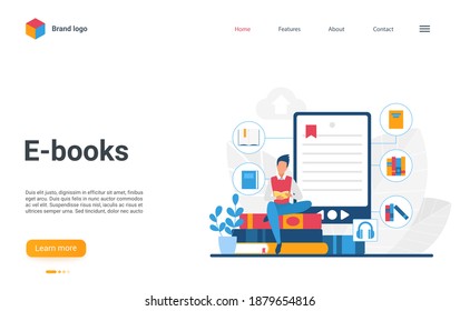 Diseño creativo de página de inicio en sitio web con caricatura masculina, libro de lectura de personajes estudiantiles, usando lector de libros o aplicación de biblioteca de smartphones. Tecnología de educación a distancia en línea, e-books ilustraciones vectoriales