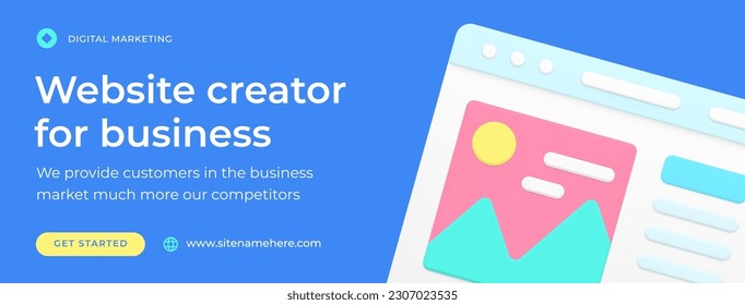 Website creator for business internet communication promo content development social media banner 3d icon vector illustration. Marketing corporate network advertisement programming information