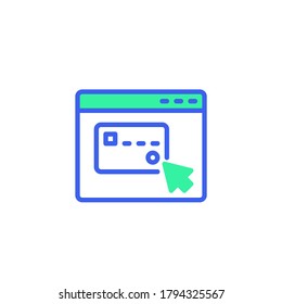 Website with credit card pay icon vector, filled flat sign, online shopping payment bicolor pictogram, green and blue colors. Symbol, logo illustration