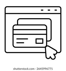 Website with credit cards and mouse cursor thin line icon, black friday concept. Vector graphics. Page with payment window sign on white background, style mobile or design