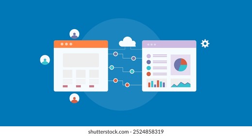 Website CRM-Integration, Business mit CRM-Software für die Kundendatenbankverwaltung. Website verlinkt mit CRM - Vektorgrafik-Hintergrund