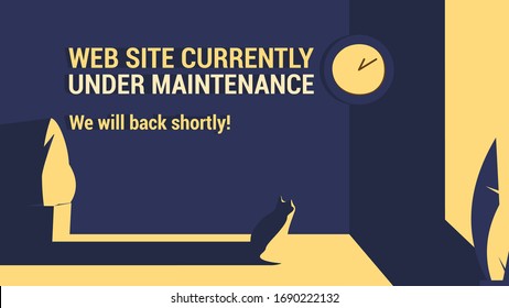 Website Currently Under Maintenance Template. We Will Back Shortly Text. Yellow and Blue Background With Plants, Clock, Cat And Shadows. Editable Flat Vector Illustration, Minimal Design