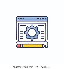 Website customization and configuration icon. A colorful illustration of a website browser window with a gear and pencil, symbolizing customization and configuration.