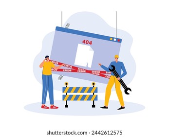 The website is damaged, causing an error, vector illustration 404 page not found.