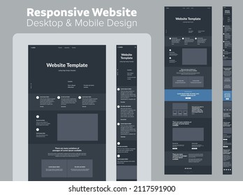 Website dark theme design for business. Desktop and mobile responsive design template. UX UI site.