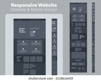 Website dark theme design for business. Desktop and mobile responsive design template. UX UI site.