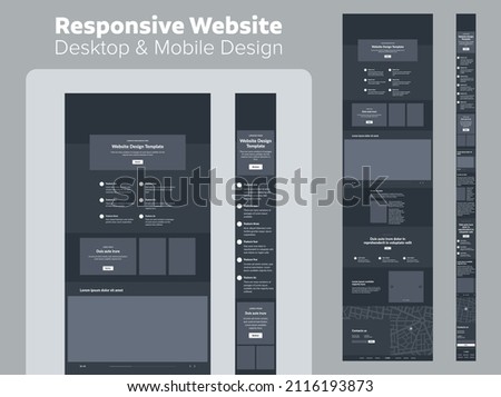 Website dark theme design for business. Desktop and mobile template. Modern responsive design. UX UI site.