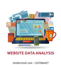 Website data analysis background. Laptop with  infographic elements and abstract contents. Vector illustration