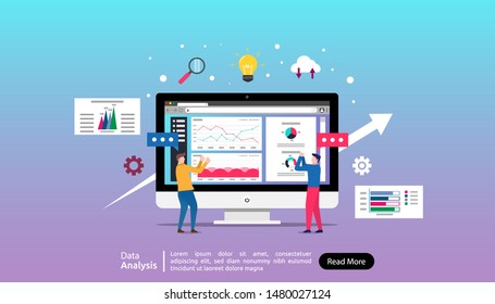 Website data analysis concept. people character illustration with graphs and chart. flat icon with trendy color. landing page template vector and easy to customize 