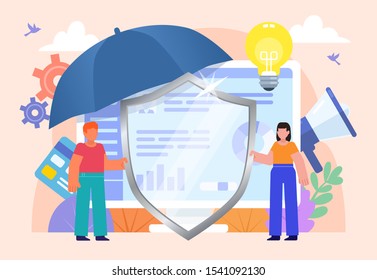 Website data protection, safety. Man and woman stand near big web page covered by shield and umbrella. Poster for social media, web page, banner, presentation. Flat design vector illustration